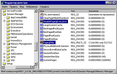 Файл подкачки в реестре Windows 2000/XP