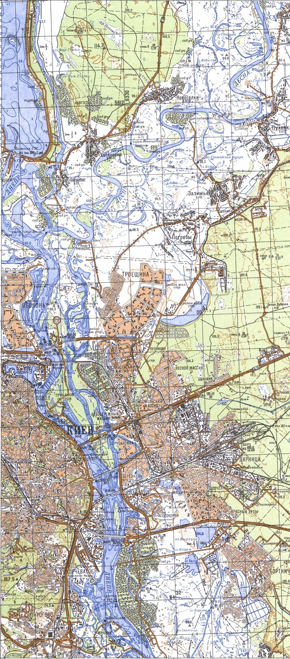 Глубины Днепра в районе Киева. Масштаб 1 см 250 м. Глубины 1989