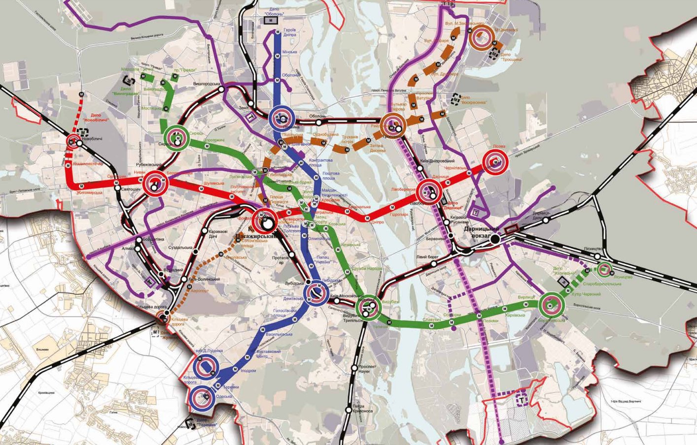 Развитие рейкового транспорта (запланированные линии метро - выделены пунктиром)