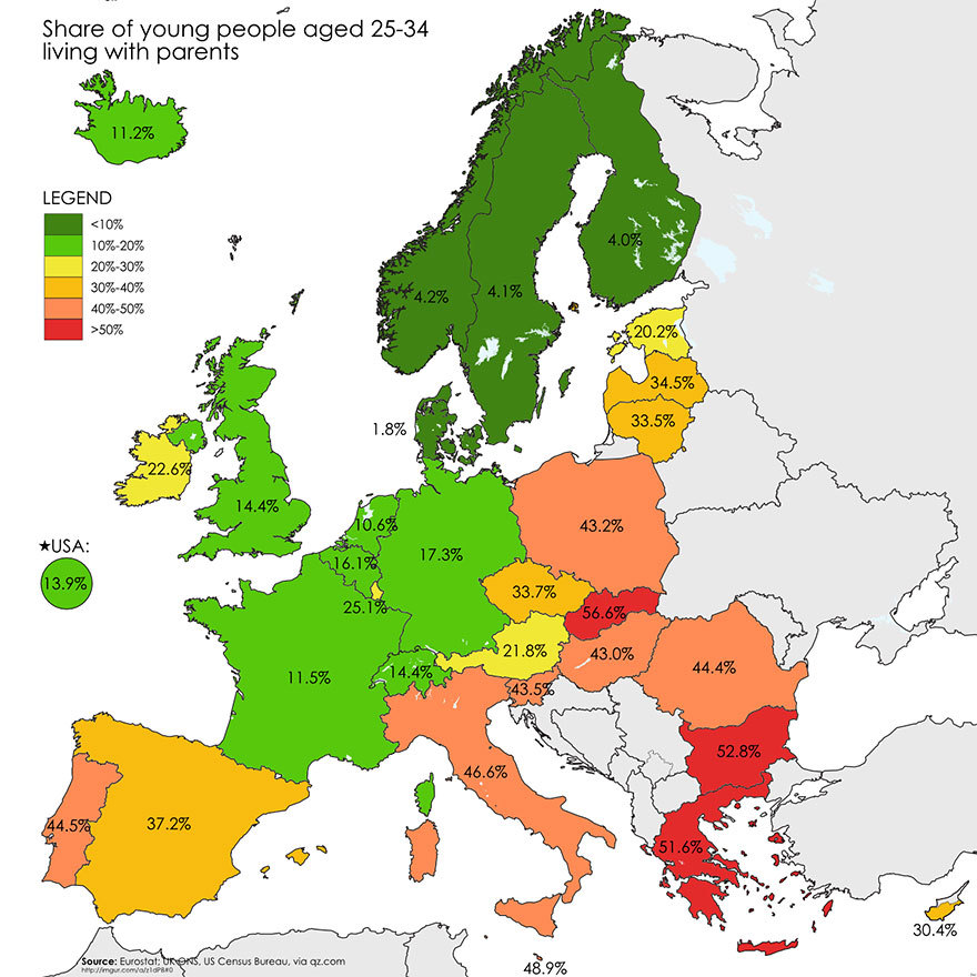 Количество людей в Евросоюзе, в возрасте от 25 до 34 лет, которые до сих пор живут со своими родителями