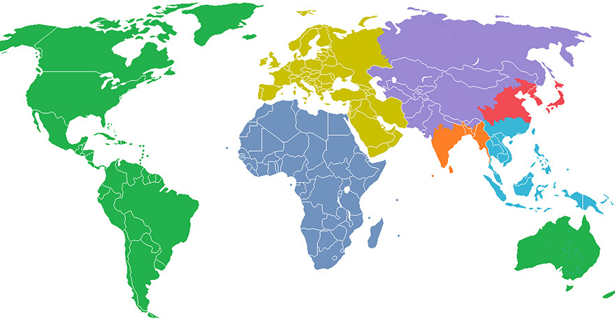 Карта разделения мира на семь регионов с населением свыше 1 млрд. человек