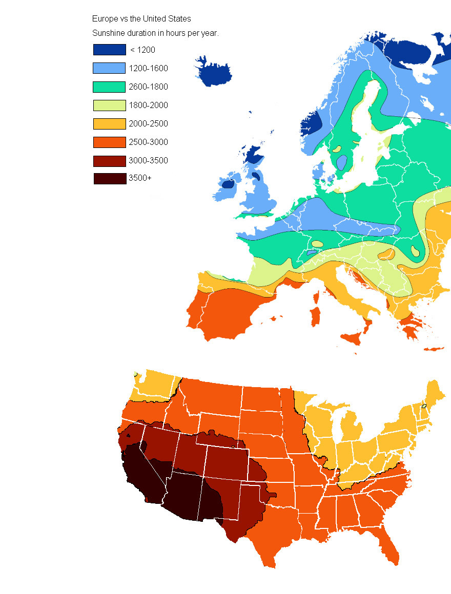 Европа vs США: продолжительность солнечного света в часах за год