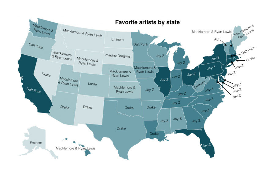 Карта США по самым прослушиваемым артистам США