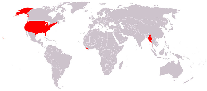 Карта стран мира, официально не использующих метрическую систему