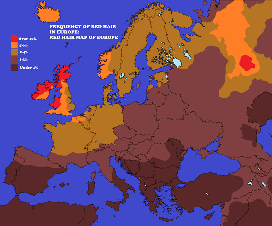 Карта рыжеволосых Европы