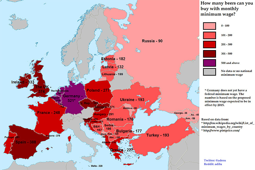 Сколько пива можно приобрести на минимальную месячную зарплату в разных странах Европы