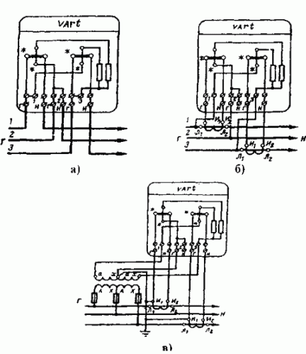 Схема включения двухэлементного счетчика реактивной энергии типа СРЗ (СРЗУ) с 60-м сдвигом в трехпроводную сеть