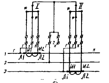 Схемы включения трехфазного трехпроводного двухэлементного счетчика активной энергии типа САЗ (САЗУ)