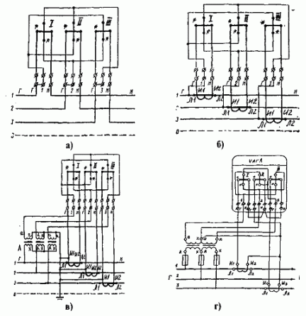 Схемы включения трехэлементного счетчика реактивной энергии с 90°-м сдвигом типа СР4 (СР4У)